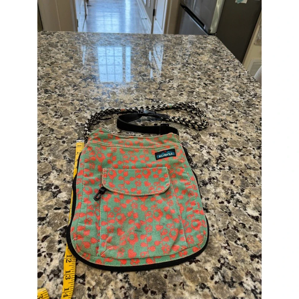 KAVU Keeper Teal Coral Floral Canvas Crossbody Bag Rope Strap Slim Travel Pouch